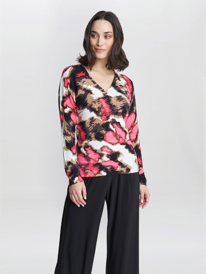 Mazie Abstract Pink Leopard Diamante Jumper