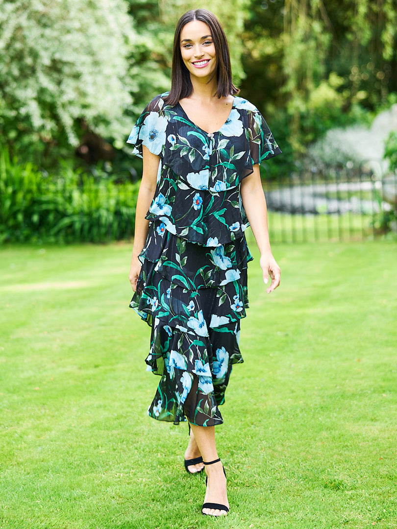  Frances Printed Midi Tiered Dress With Trim