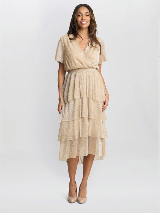  Cheri Metallic Knit Tiered Dress