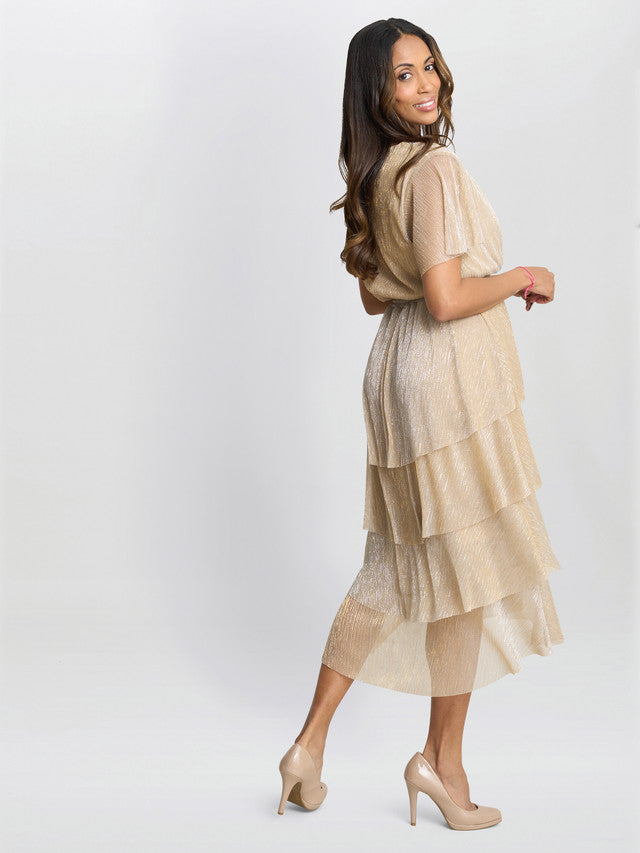  Cheri Metallic Knit Tiered Dress