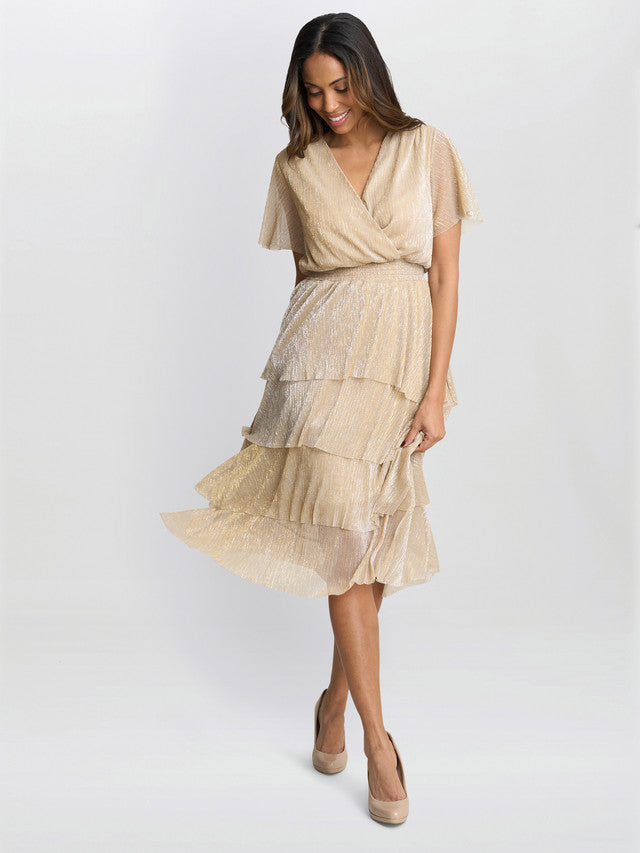  Cheri Metallic Knit Tiered Dress