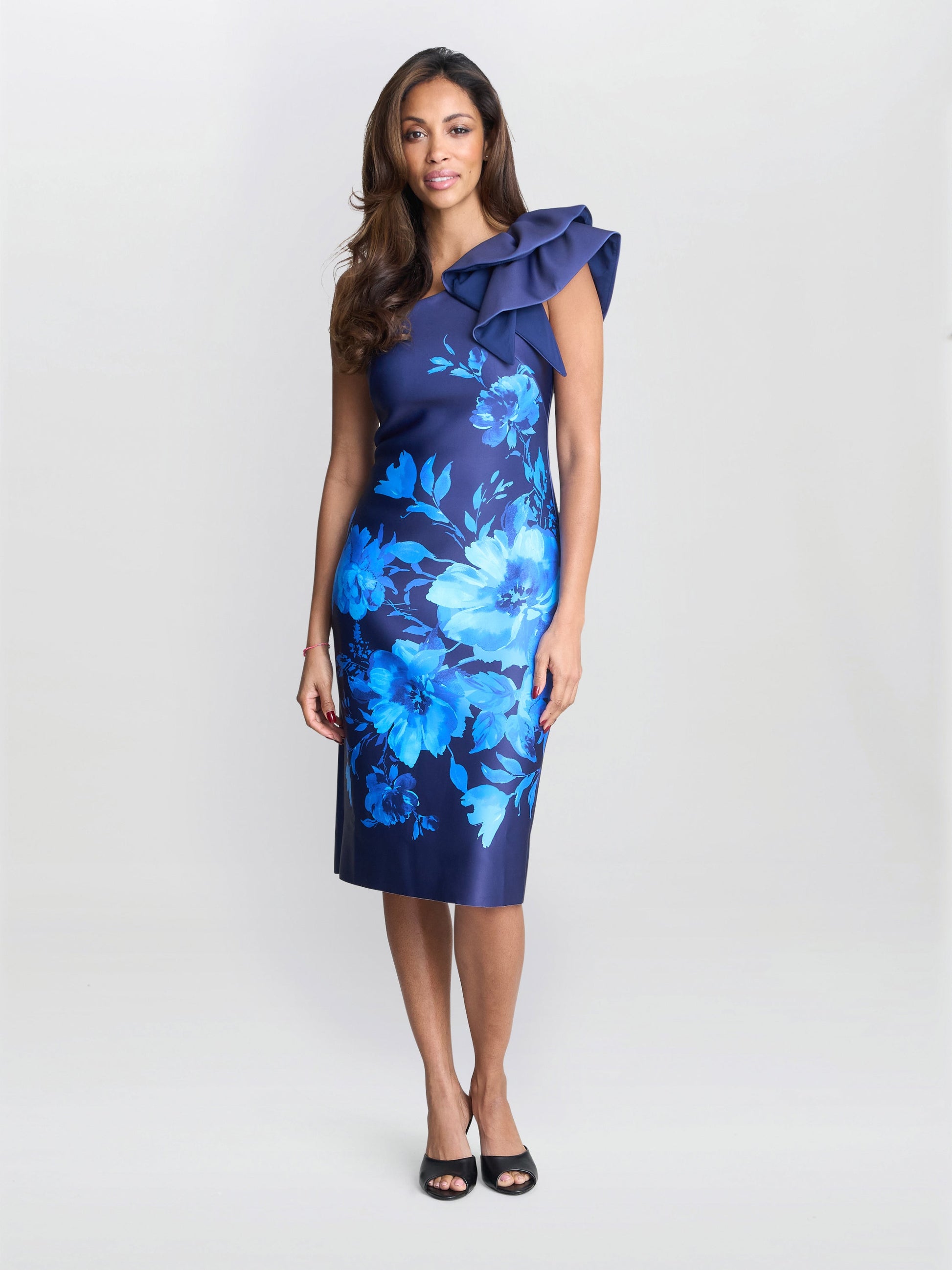  Venus Printed Asymmetric Dress With Frill Sleeve