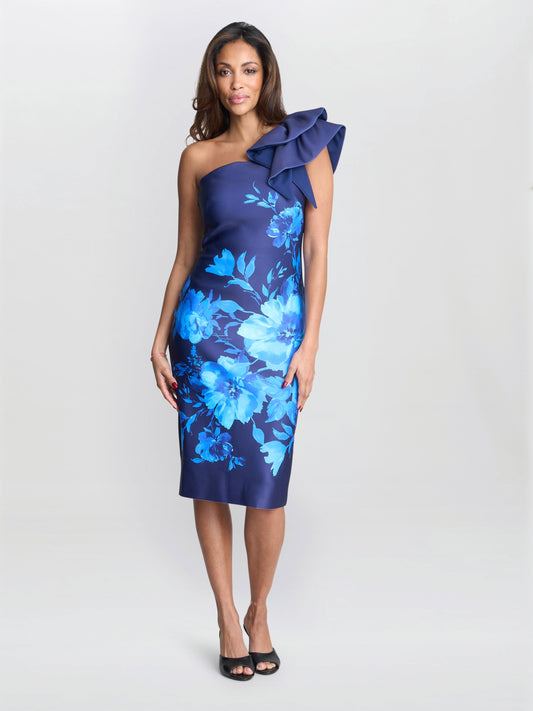  Venus Printed Asymmetric Dress With Frill Sleeve