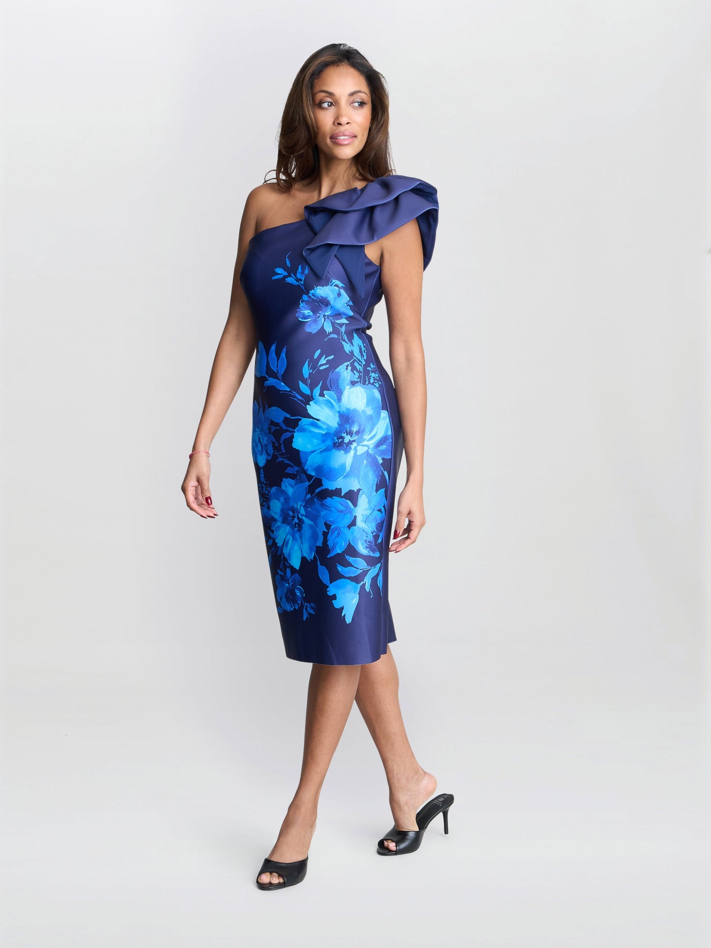  Venus Printed Asymmetric Dress With Frill Sleeve