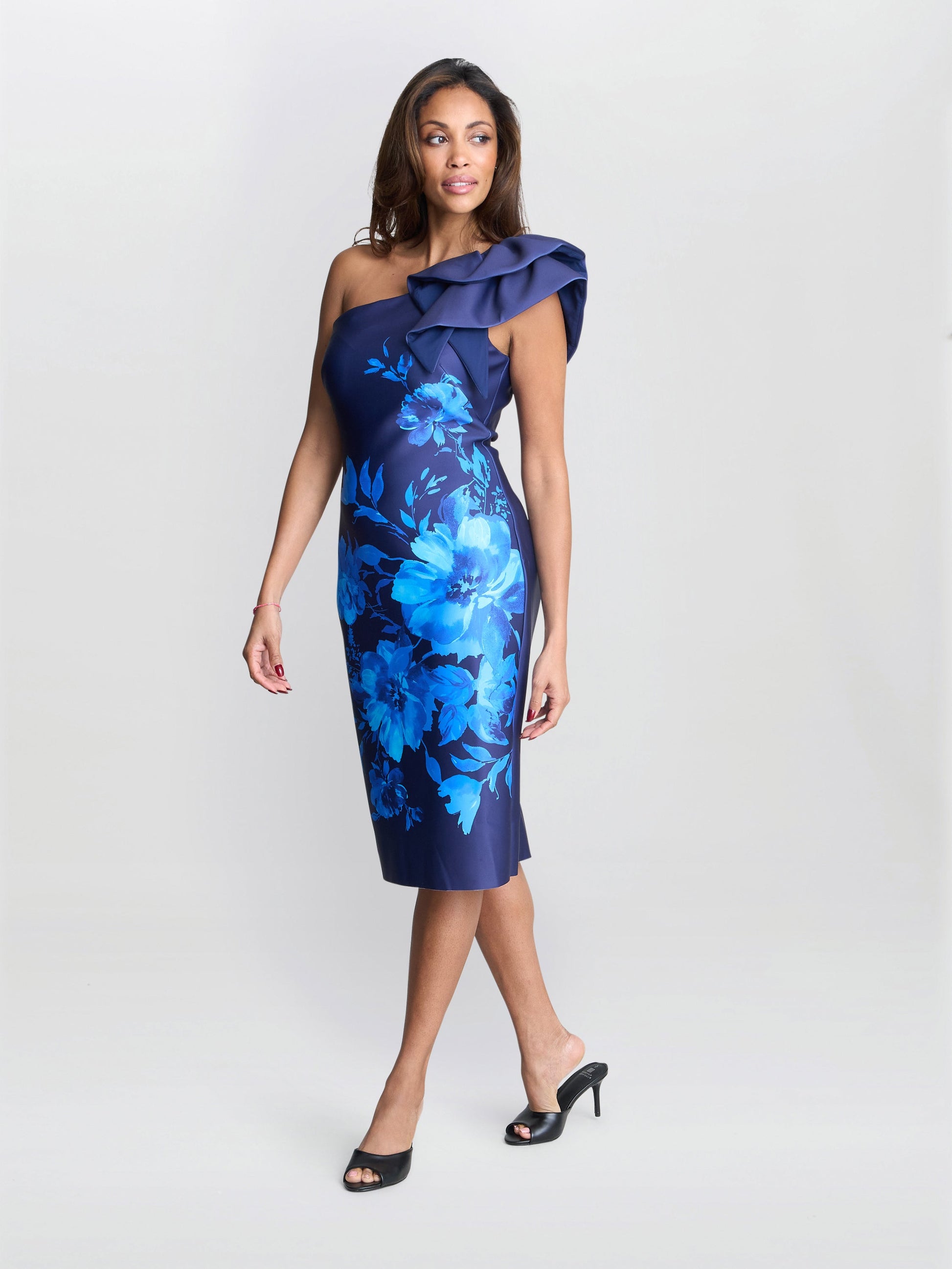  Venus Printed Asymmetric Dress With Frill Sleeve