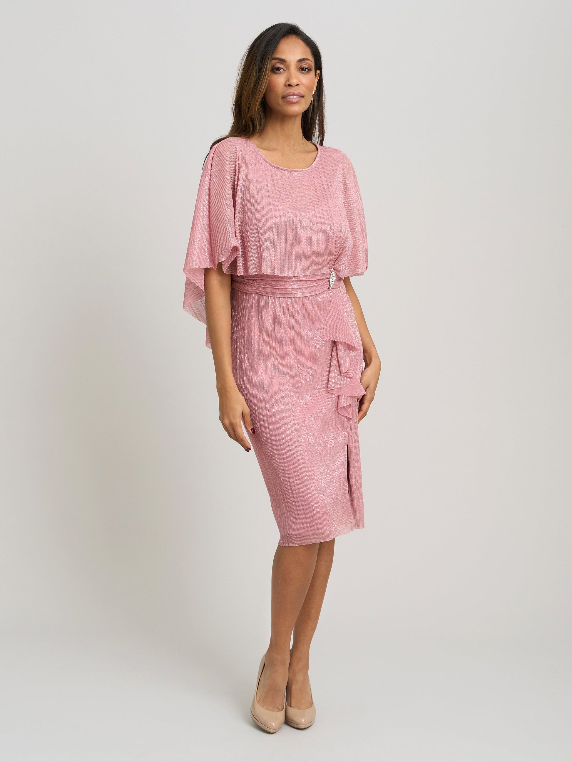  Sonya Pleated Dress With Brooch