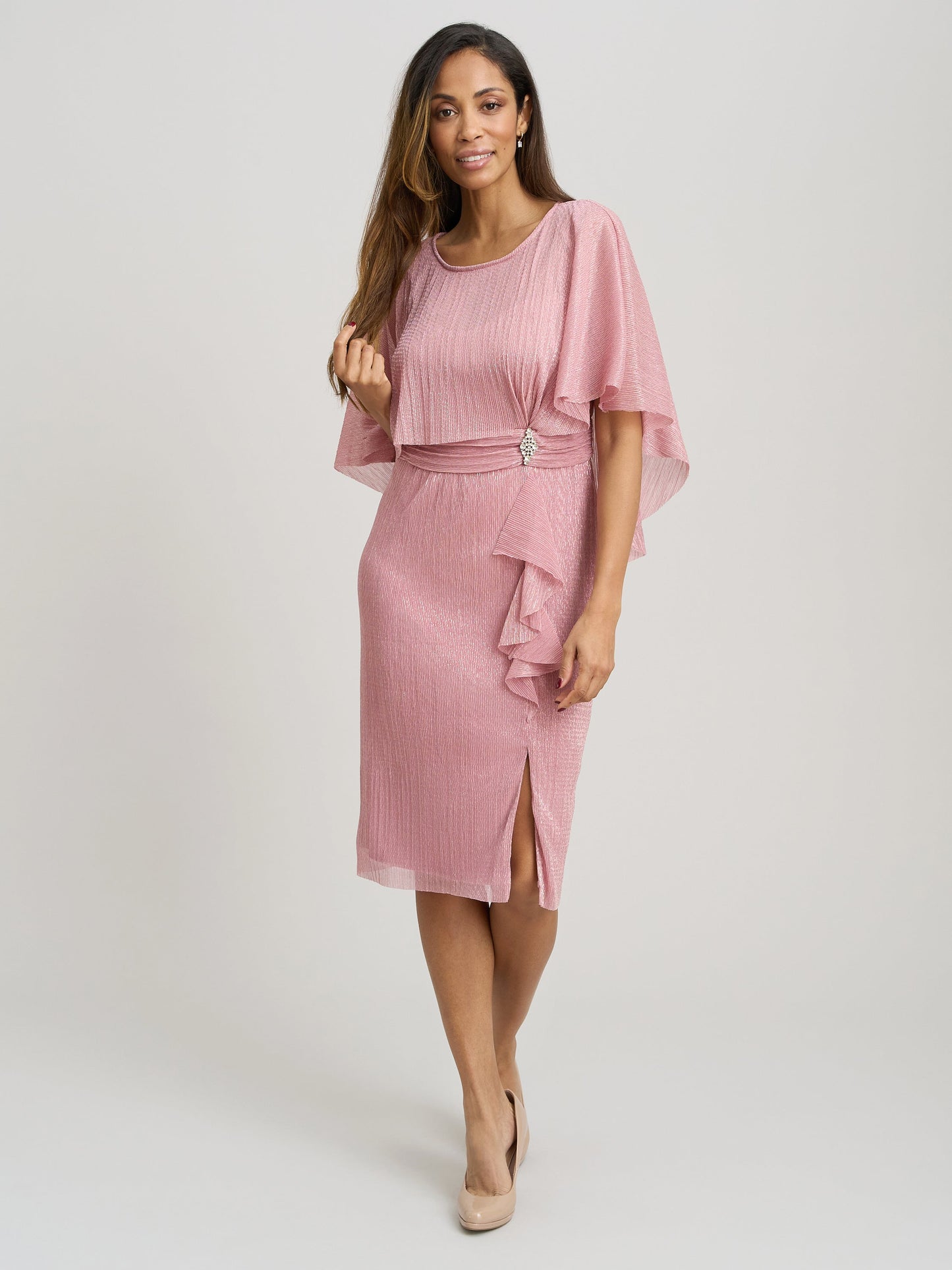  Sonya Pleated Dress With Brooch