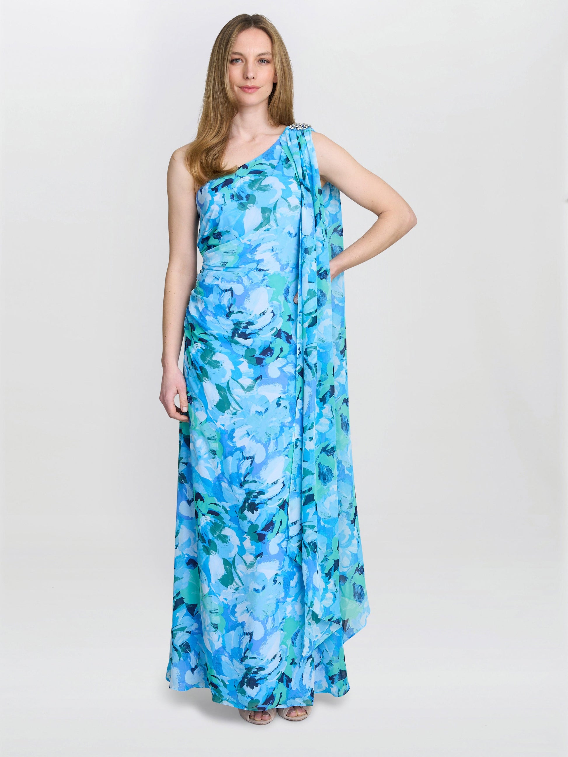  Amelie Printed Chiffon Maxi Dress With Beaded Shoulder