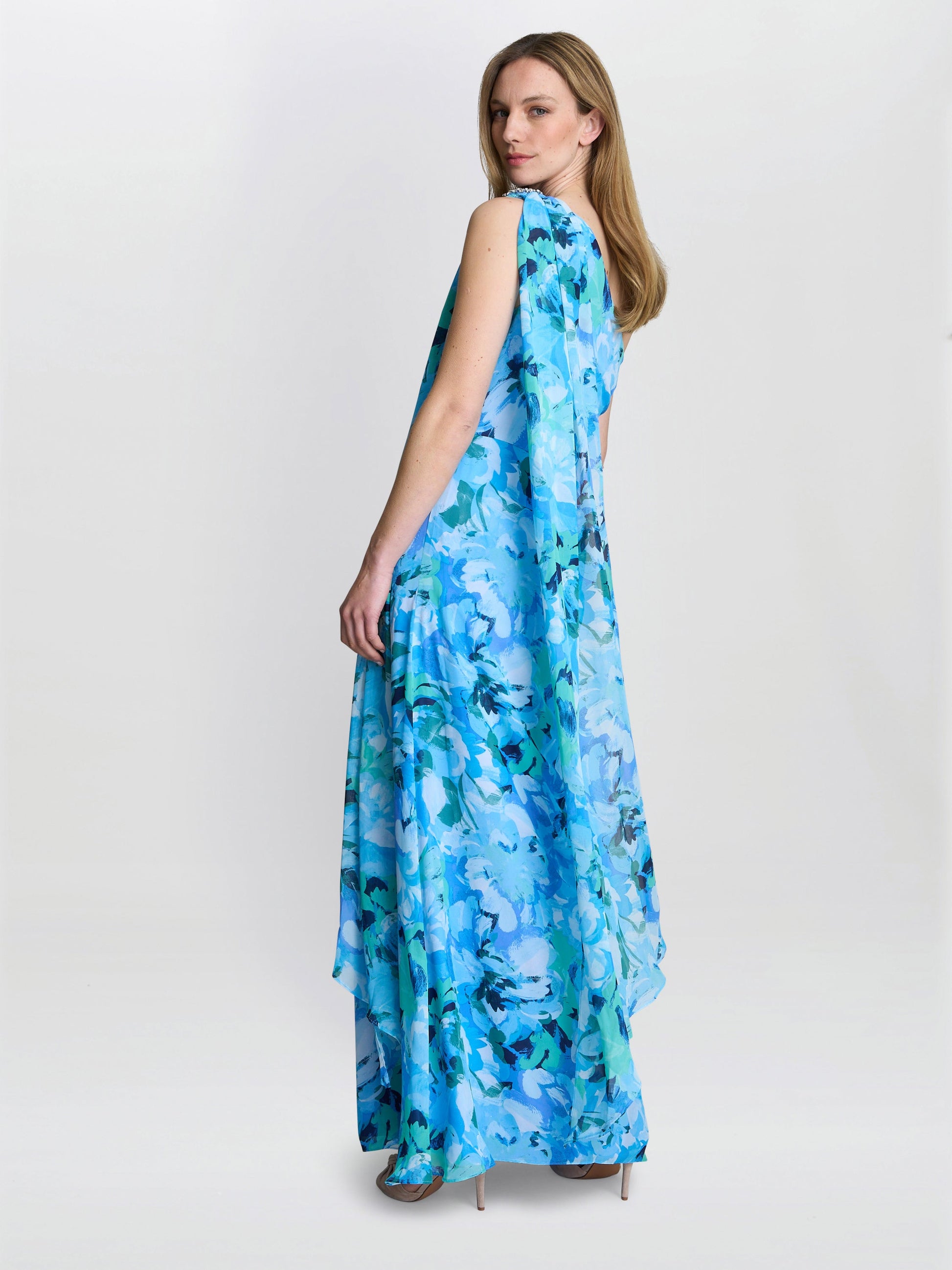  Amelie Printed Chiffon Maxi Dress With Beaded Shoulder