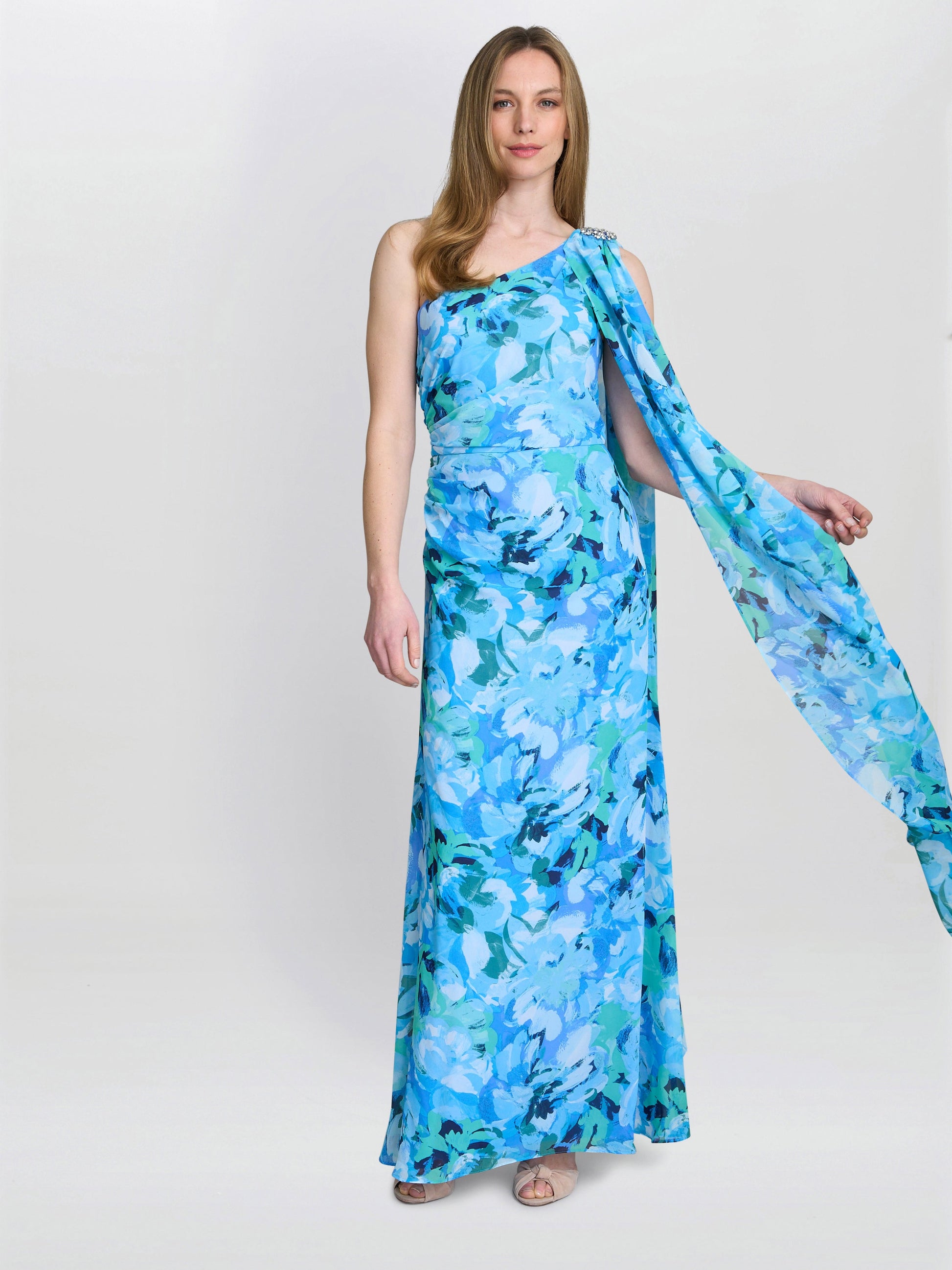  Amelie Printed Chiffon Maxi Dress With Beaded Shoulder