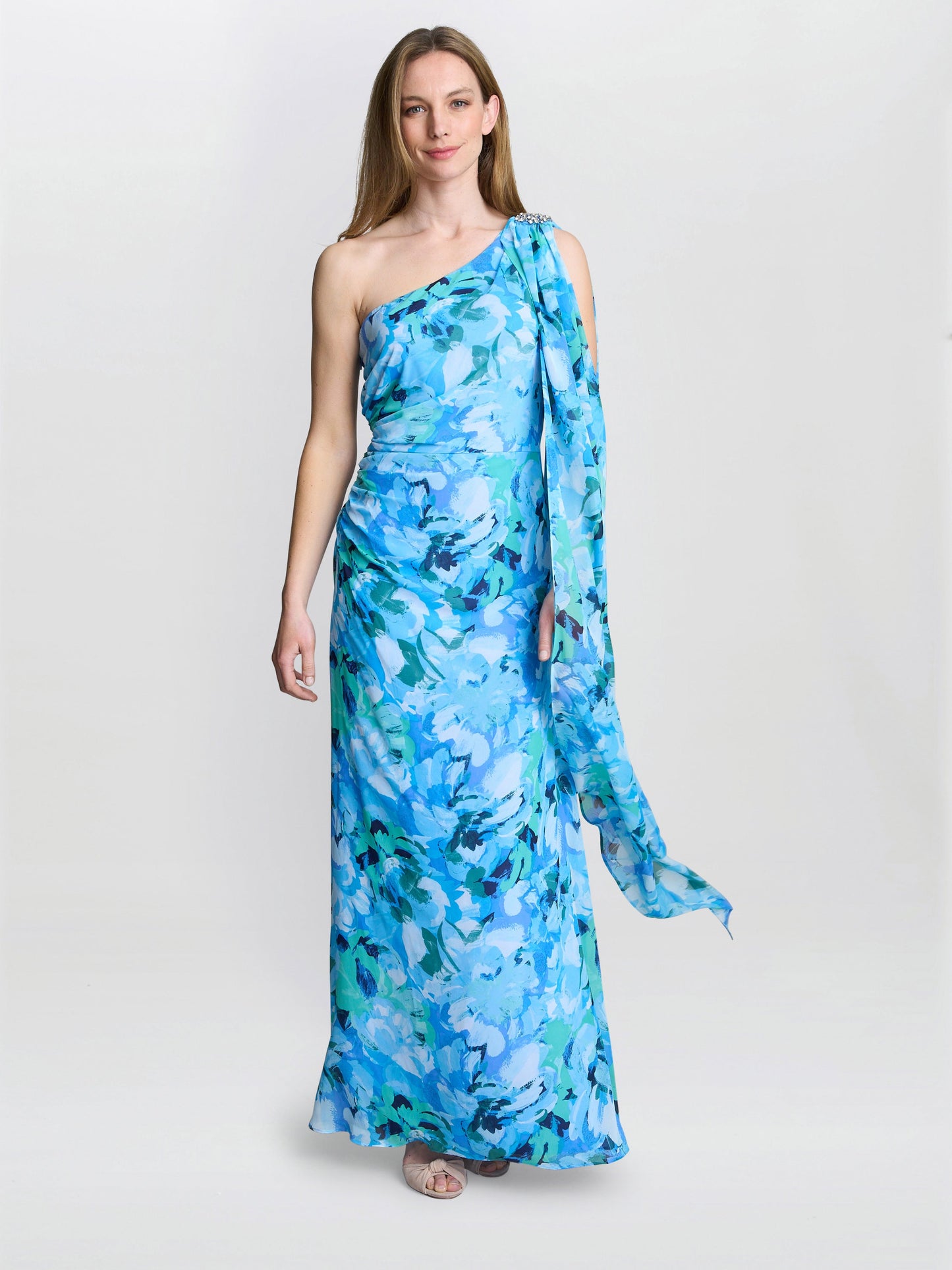  Amelie Printed Chiffon Maxi Dress With Beaded Shoulder