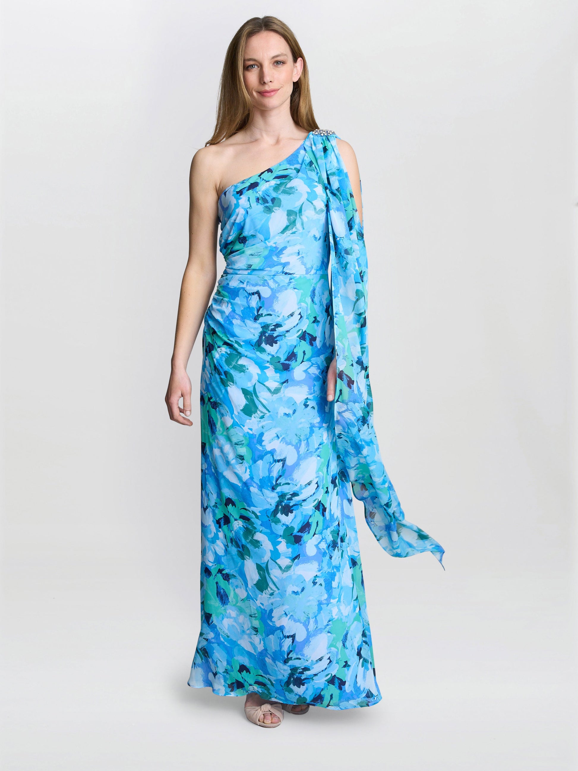  Amelie Printed Chiffon Maxi Dress With Beaded Shoulder