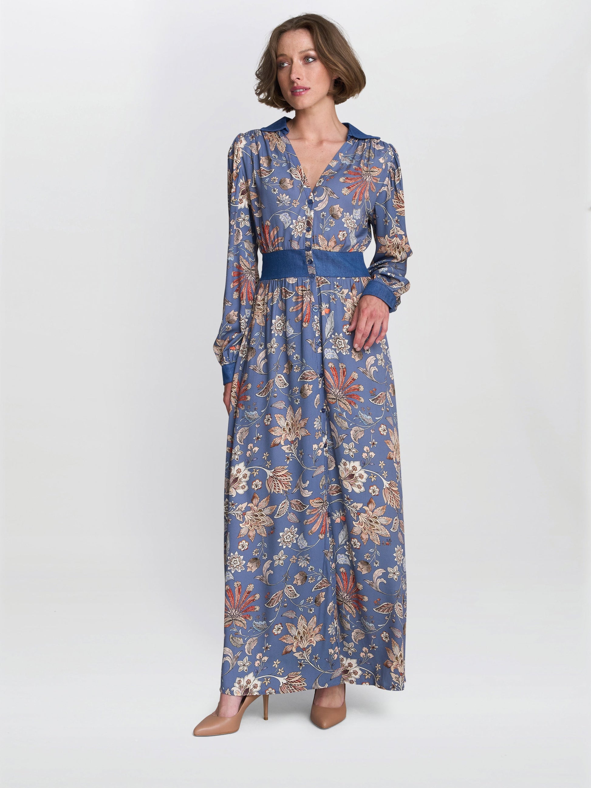  Regina Waisted Chambray Detail Dress