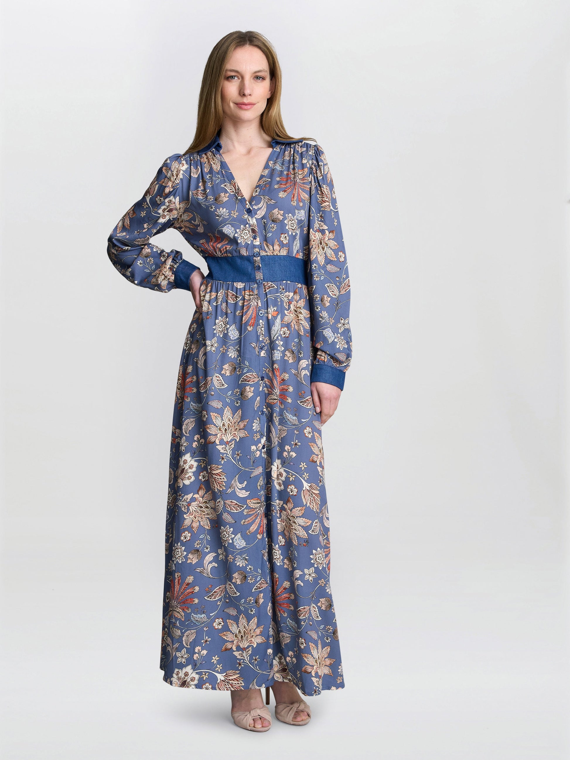  Regina Waisted Chambray Detail Dress