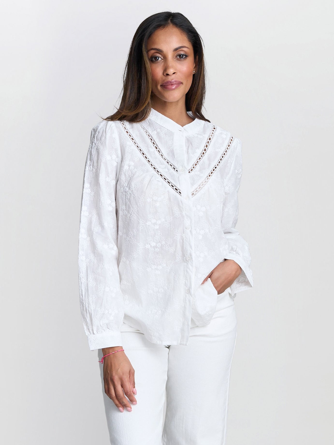  Cindi Embroidered Cotton Collarless Shirt