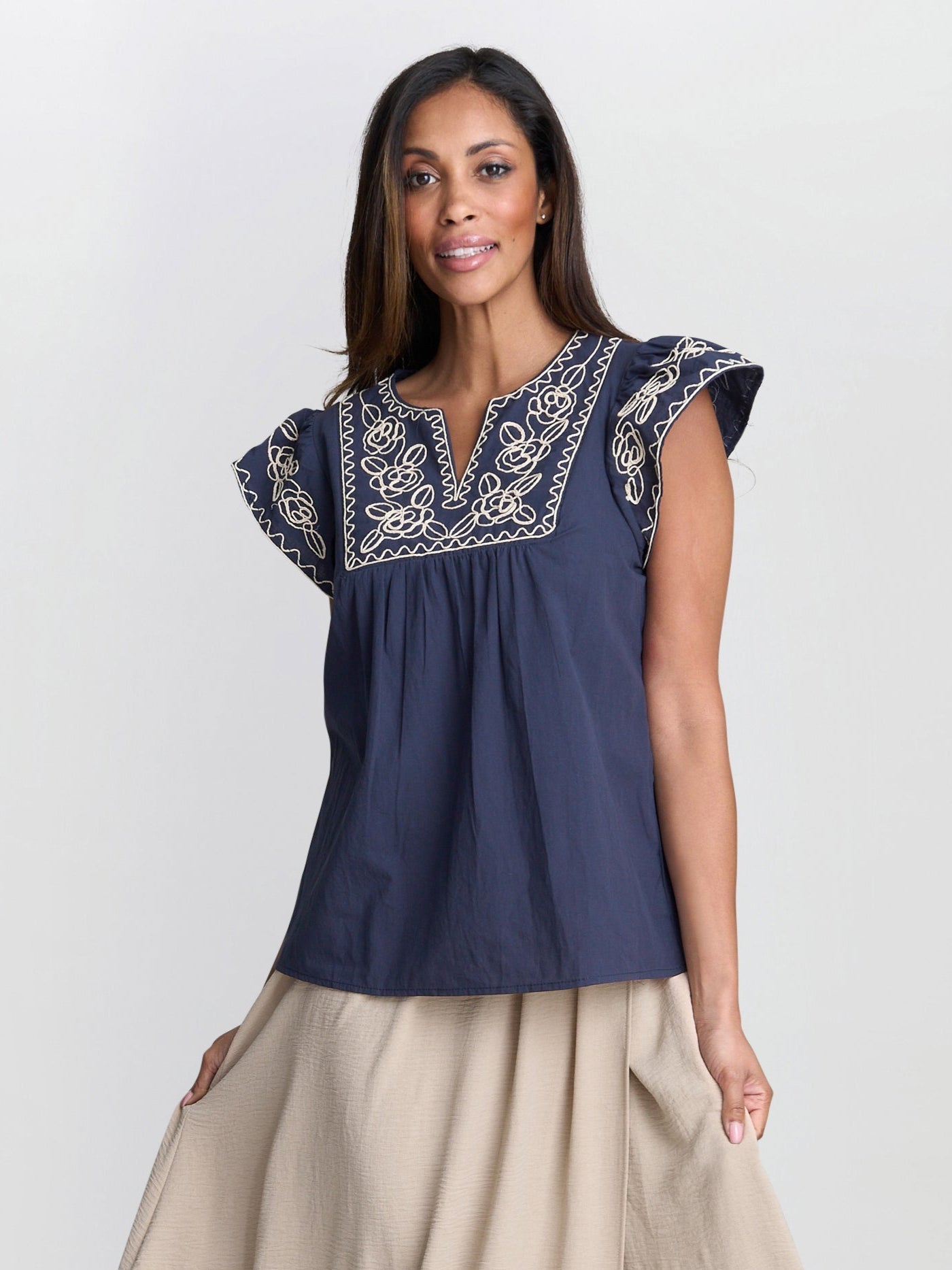  Cressa Embroidered Cotton Flutter Sleeve Top