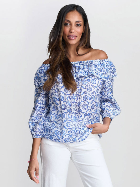  Emme Blue Floral Off The Shoulder Top With Frill