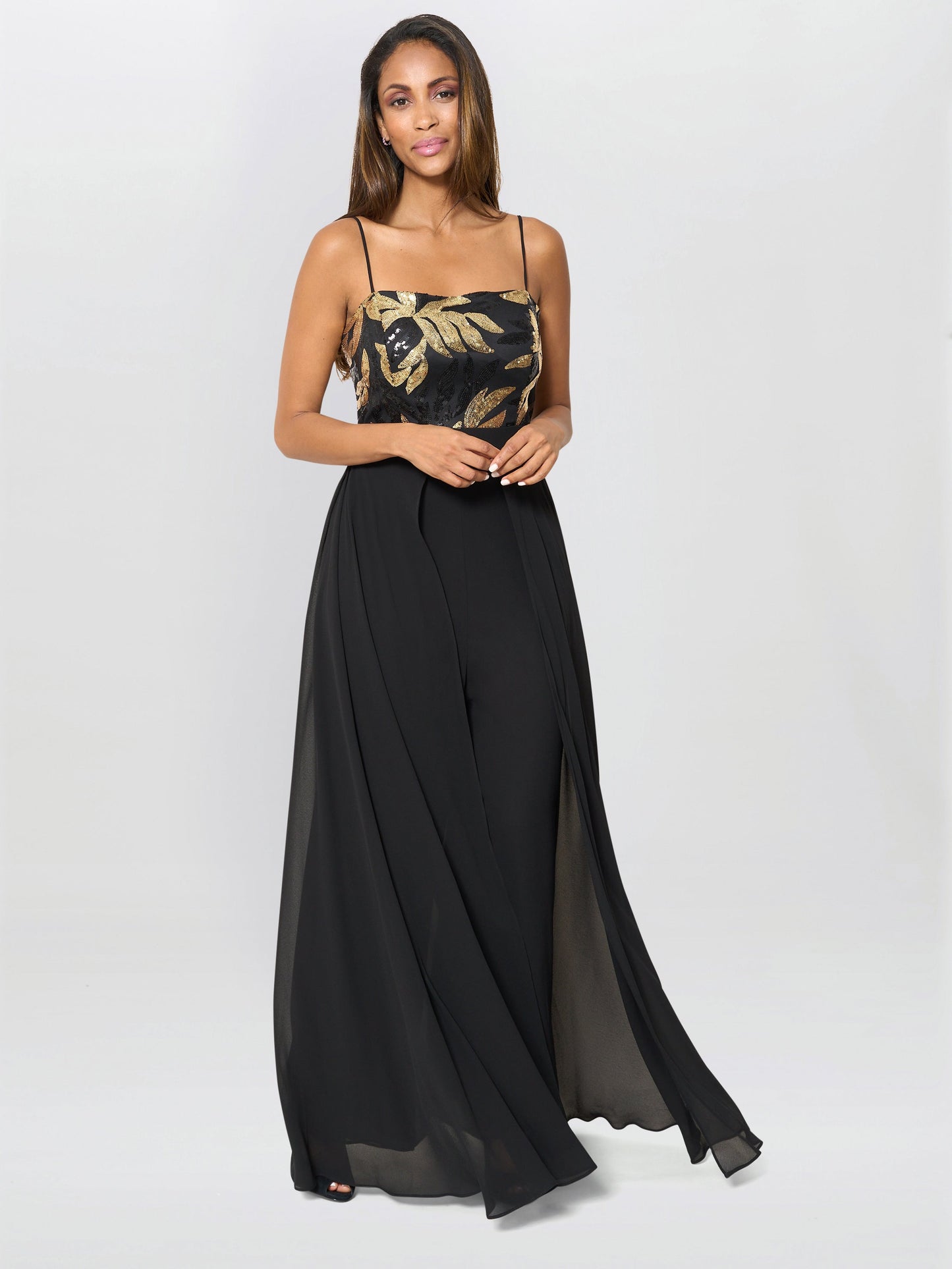  Fannie Black And Gold Chiffon Jumpsuit