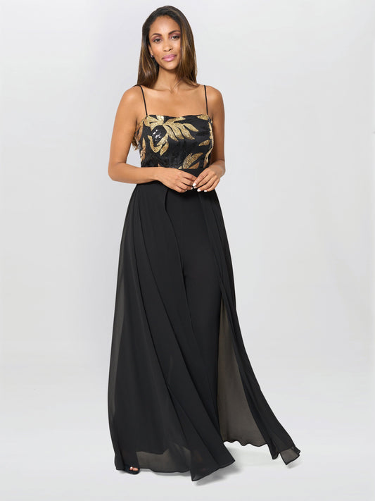  Fannie Black And Gold Chiffon Jumpsuit