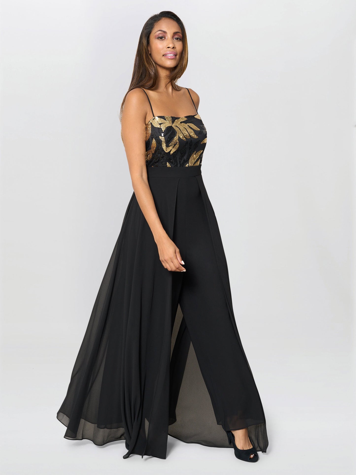  Fannie Black And Gold Chiffon Jumpsuit