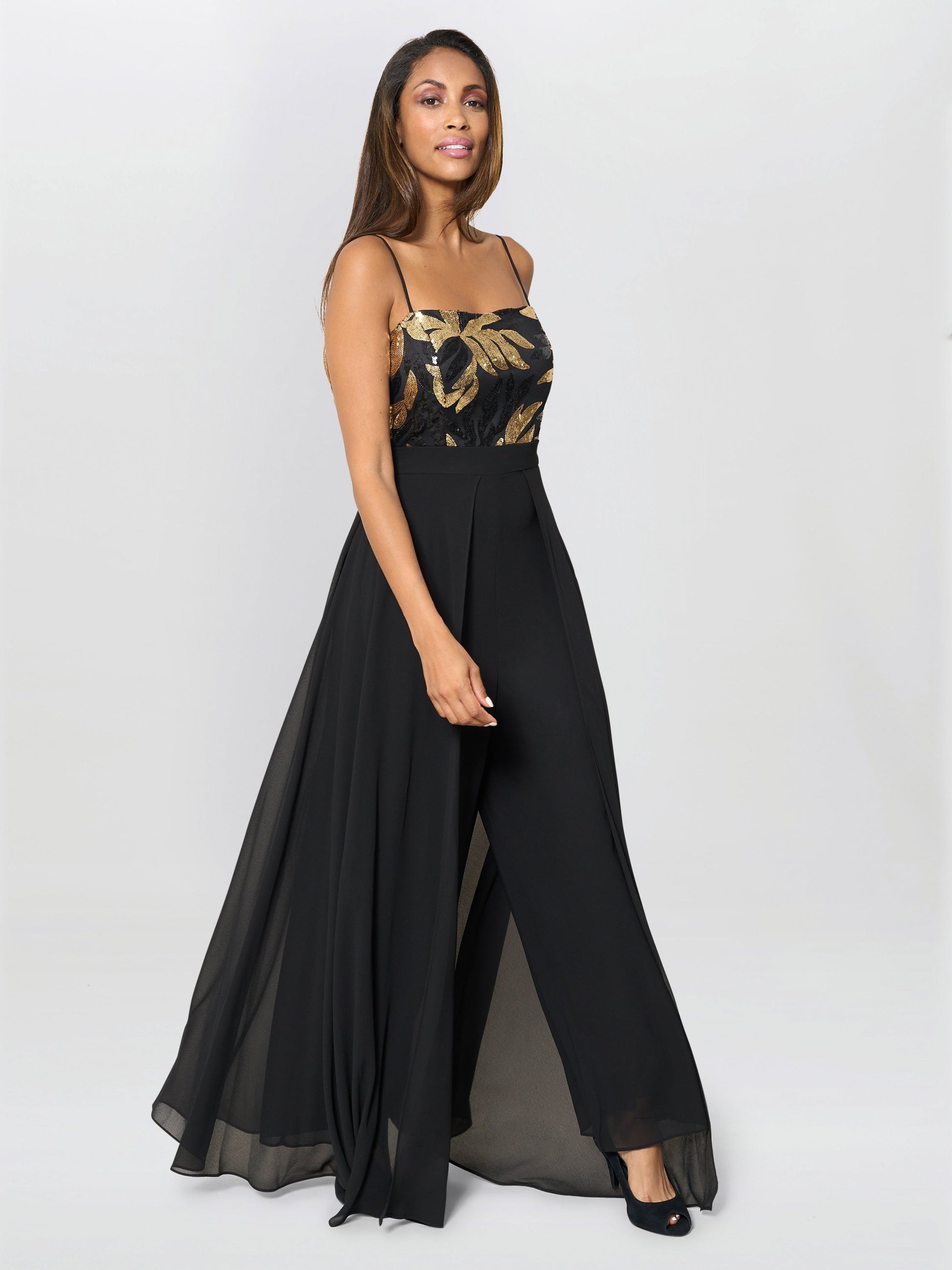  Fannie Black And Gold Chiffon Jumpsuit