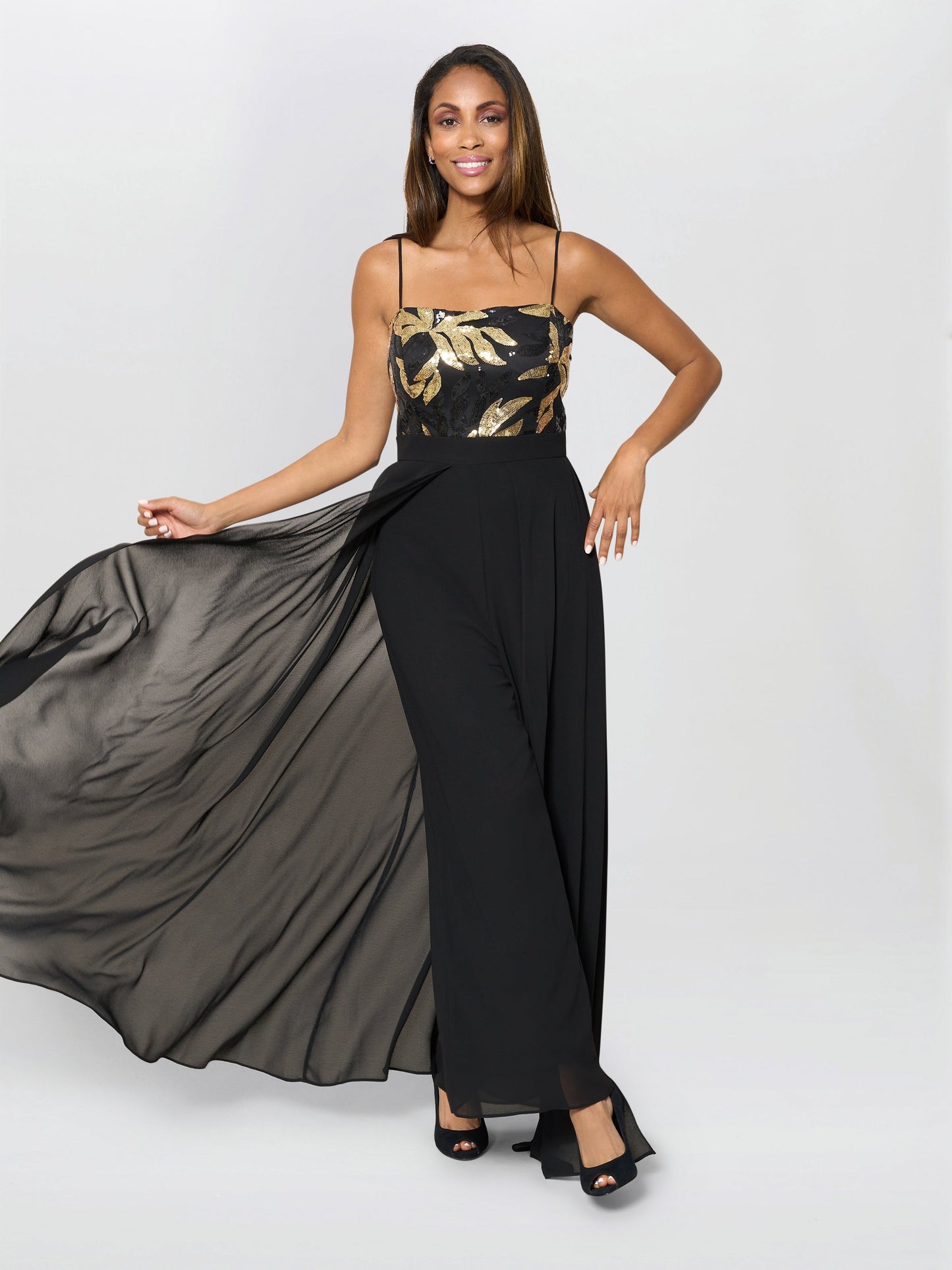  Fannie Black And Gold Chiffon Jumpsuit