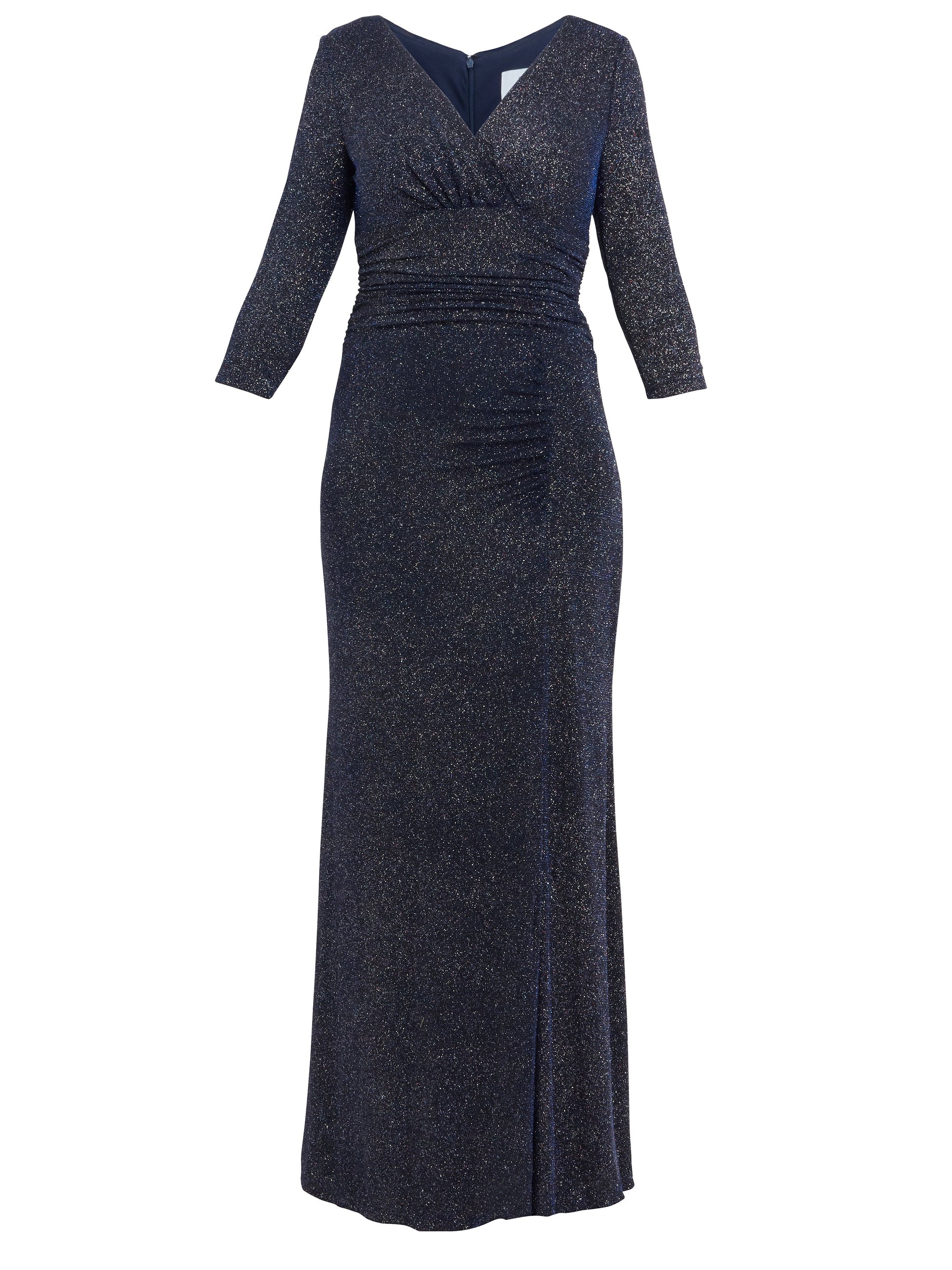  Eugenie Metallic Maxi Dress With Ruched Waist And Front Slit