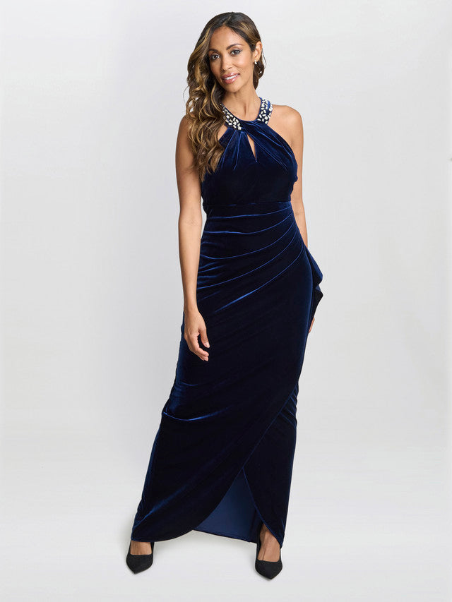  Naomi Beaded Velvet Halter Neck Maxi Dress