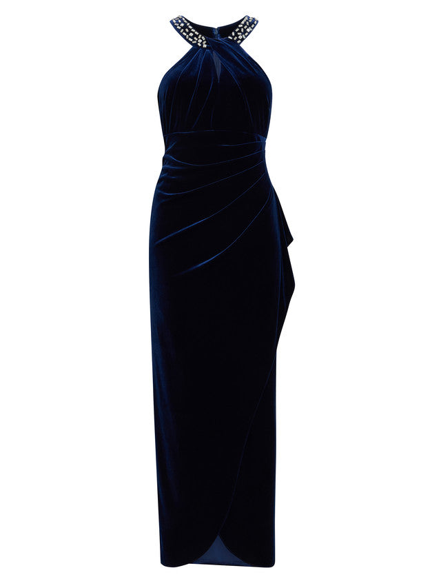  Naomi Beaded Velvet Halter Neck Maxi Dress