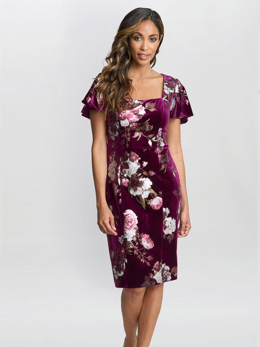  Paulina Square Neck Foil Printed Velvet Dress