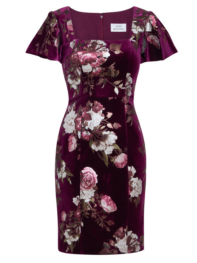 Paulina Square Neck Foil Printed Velvet Dress