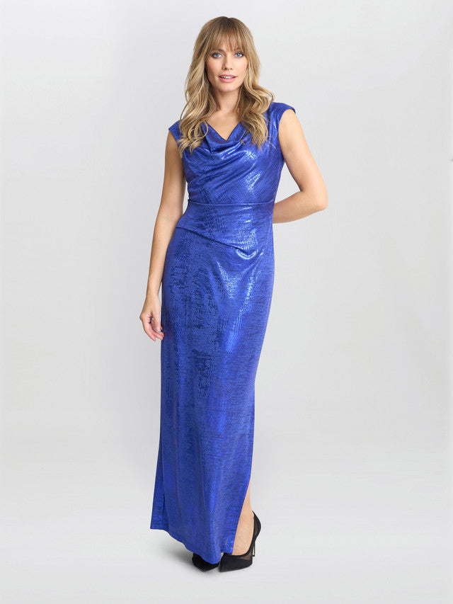  Justina Foil Print Cowl Neck Maxi Dress