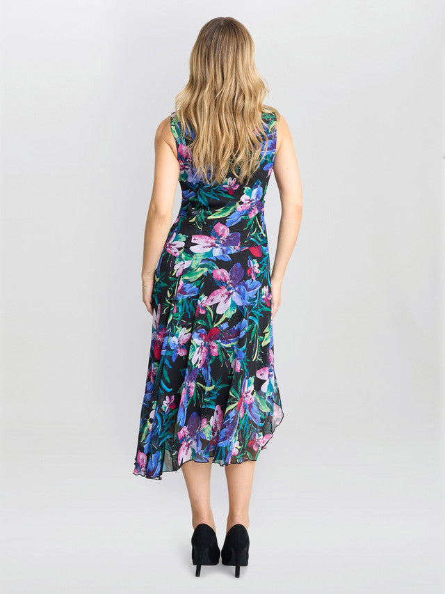  Lisbeth Floral Print Chiffon Asymmetric Hem Dress