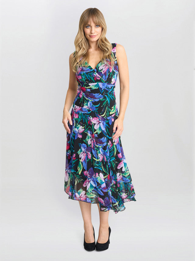  Lisbeth Floral Print Chiffon Asymmetric Hem Dress