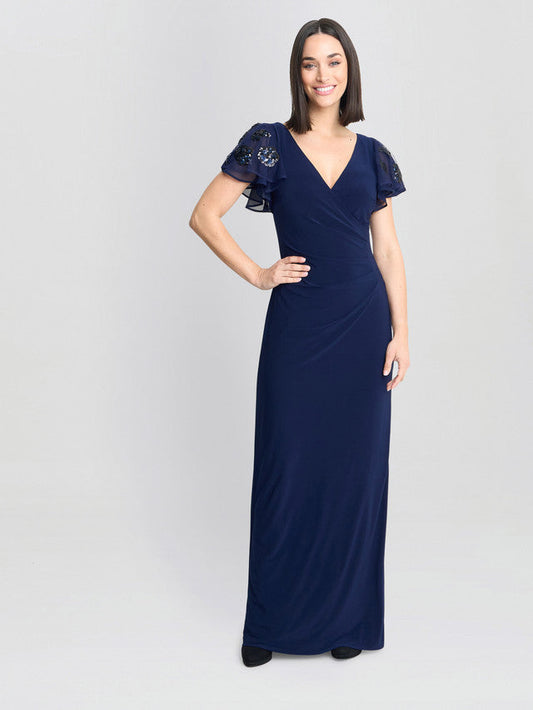  Nicolette Jersey V-Neck Maxi Dress With Sequin Sleeve