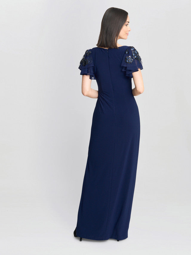  Nicolette Jersey V-Neck Maxi Dress With Sequin Sleeve