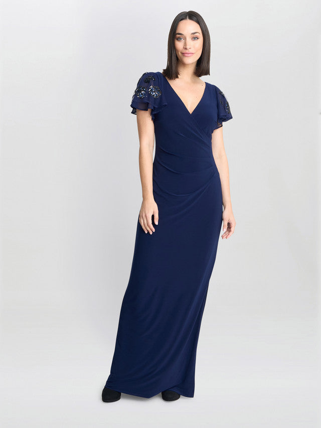 Nicolette Jersey V-Neck Maxi Dress With Sequin Sleeve