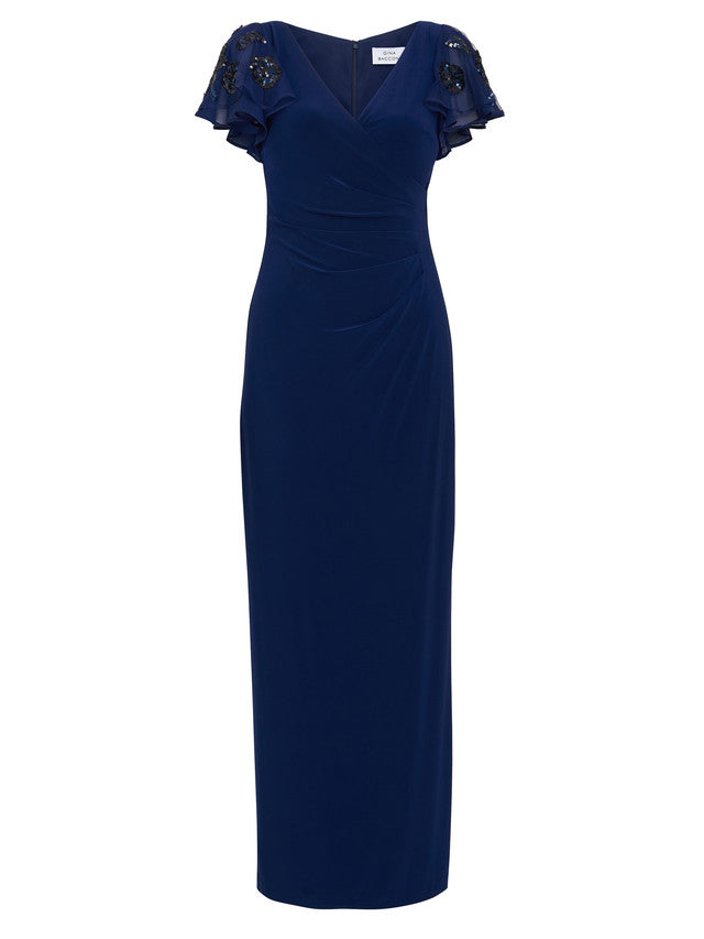  Nicolette Jersey V-Neck Maxi Dress With Sequin Sleeve