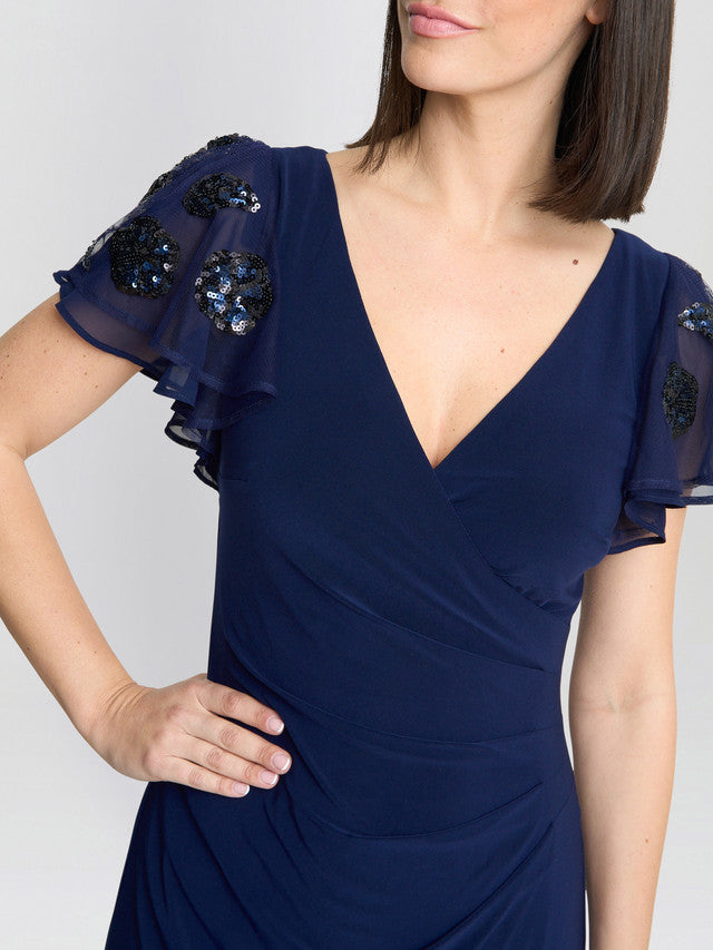  Nicolette Jersey V-Neck Maxi Dress With Sequin Sleeve