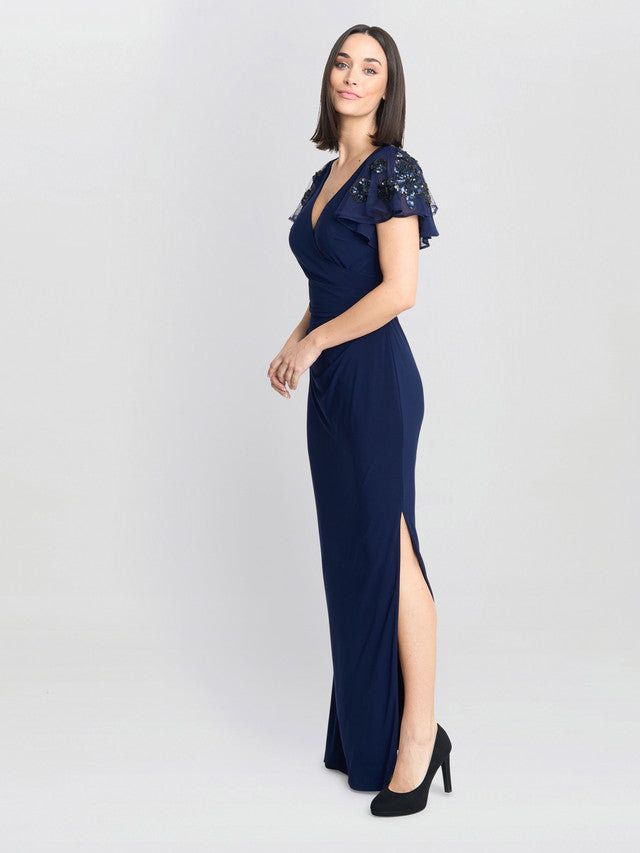  Nicolette Jersey V-Neck Maxi Dress With Sequin Sleeve
