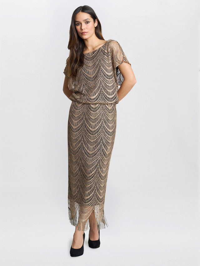  Arleen Long Blouson Fringe Hem Dress