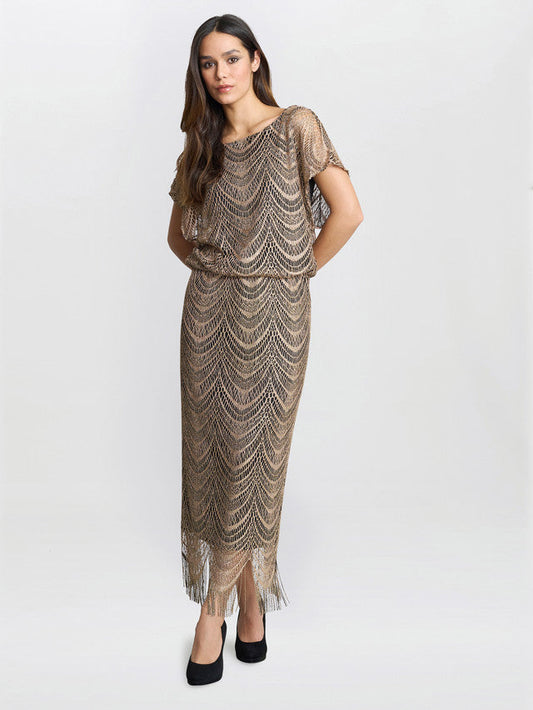  Arleen Long Blouson Fringe Hem Dress