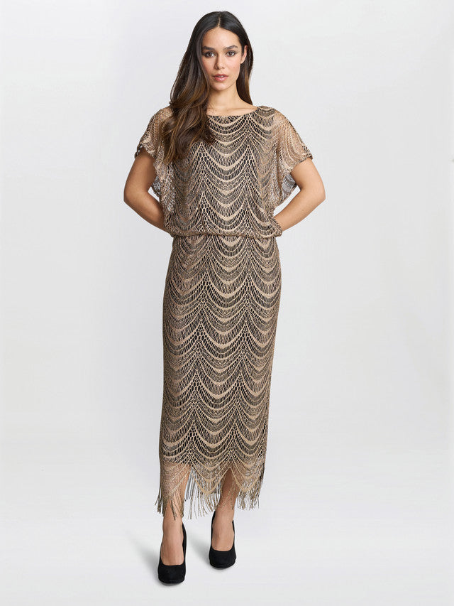  Arleen Long Blouson Fringe Hem Dress