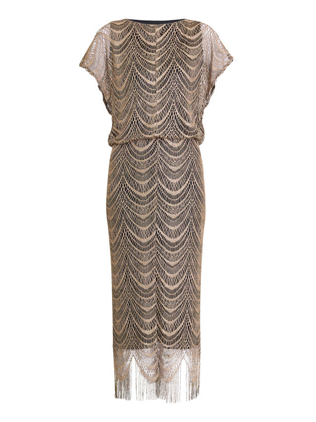  Arleen Long Blouson Fringe Hem Dress