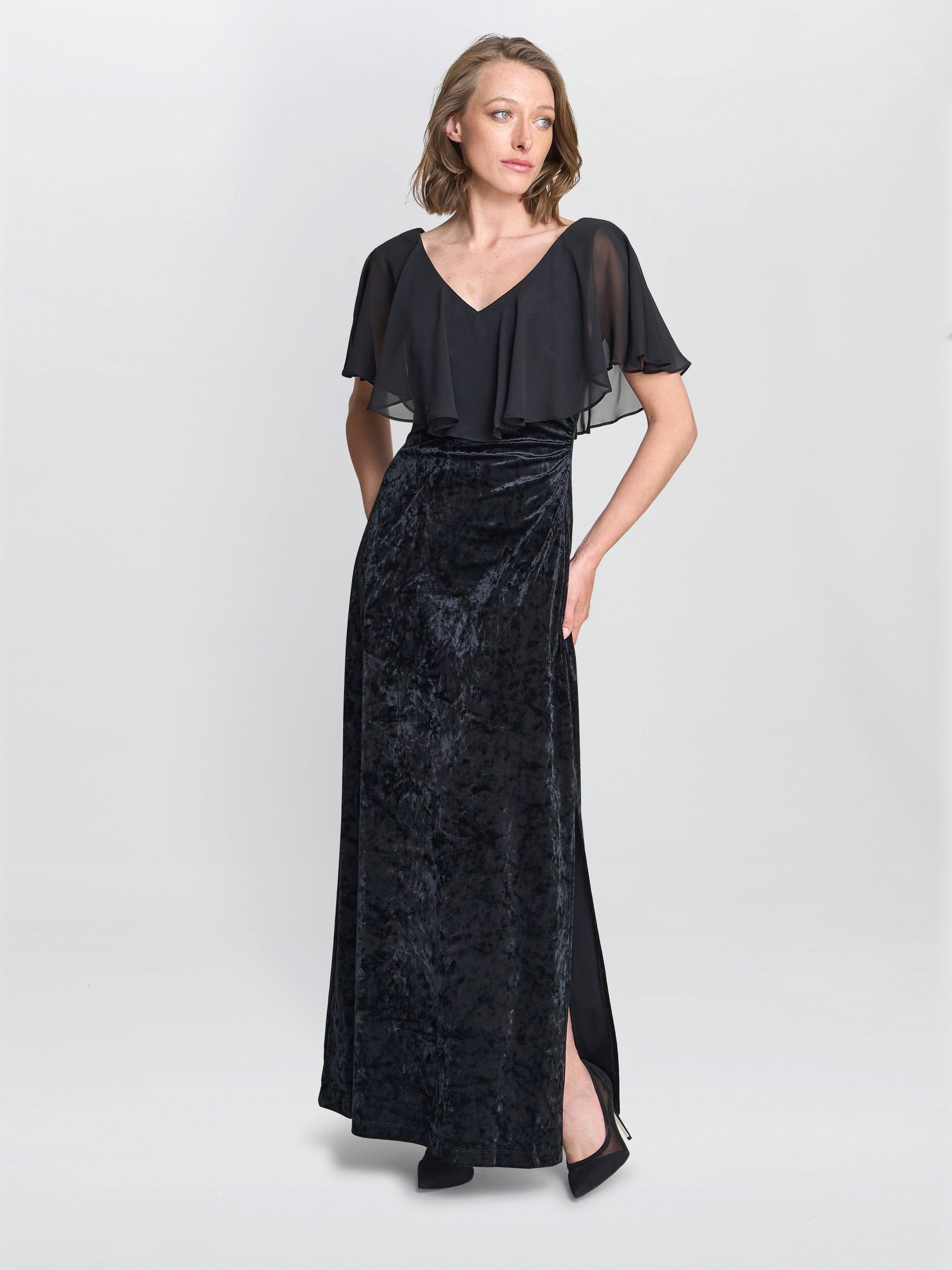  Daphne Velvet Maxi Dress With Chiffon Cape