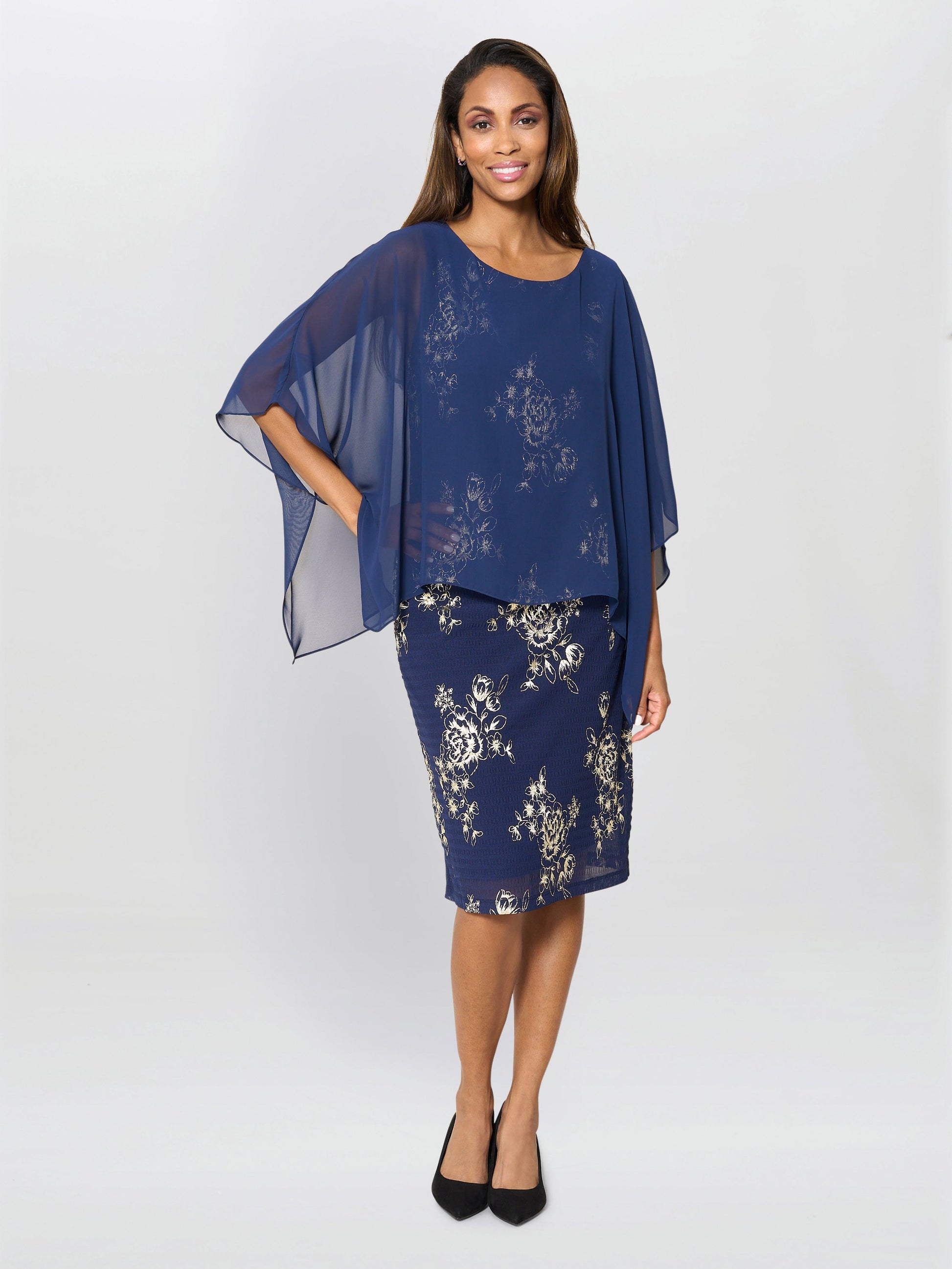  Anne Foil Dress With Chiffon Cape