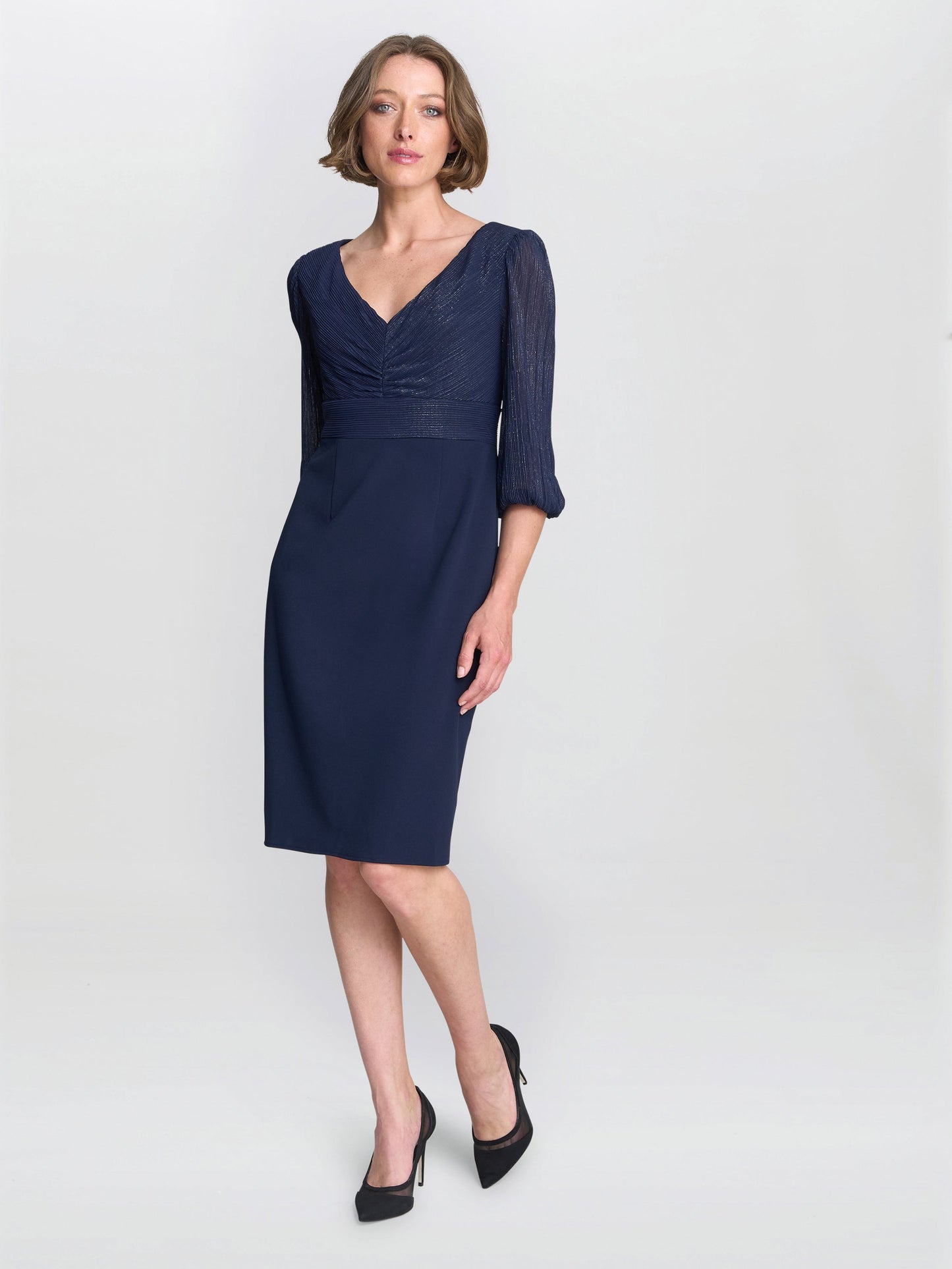  Britney Metallic Pleated Bodic Dress