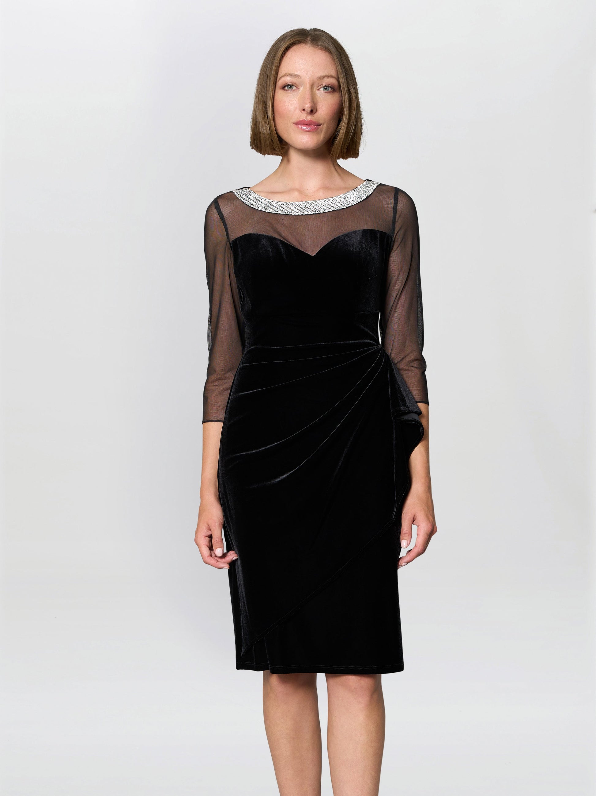  Lana Velvet Dress With Sheer Sleeves And Neckline
