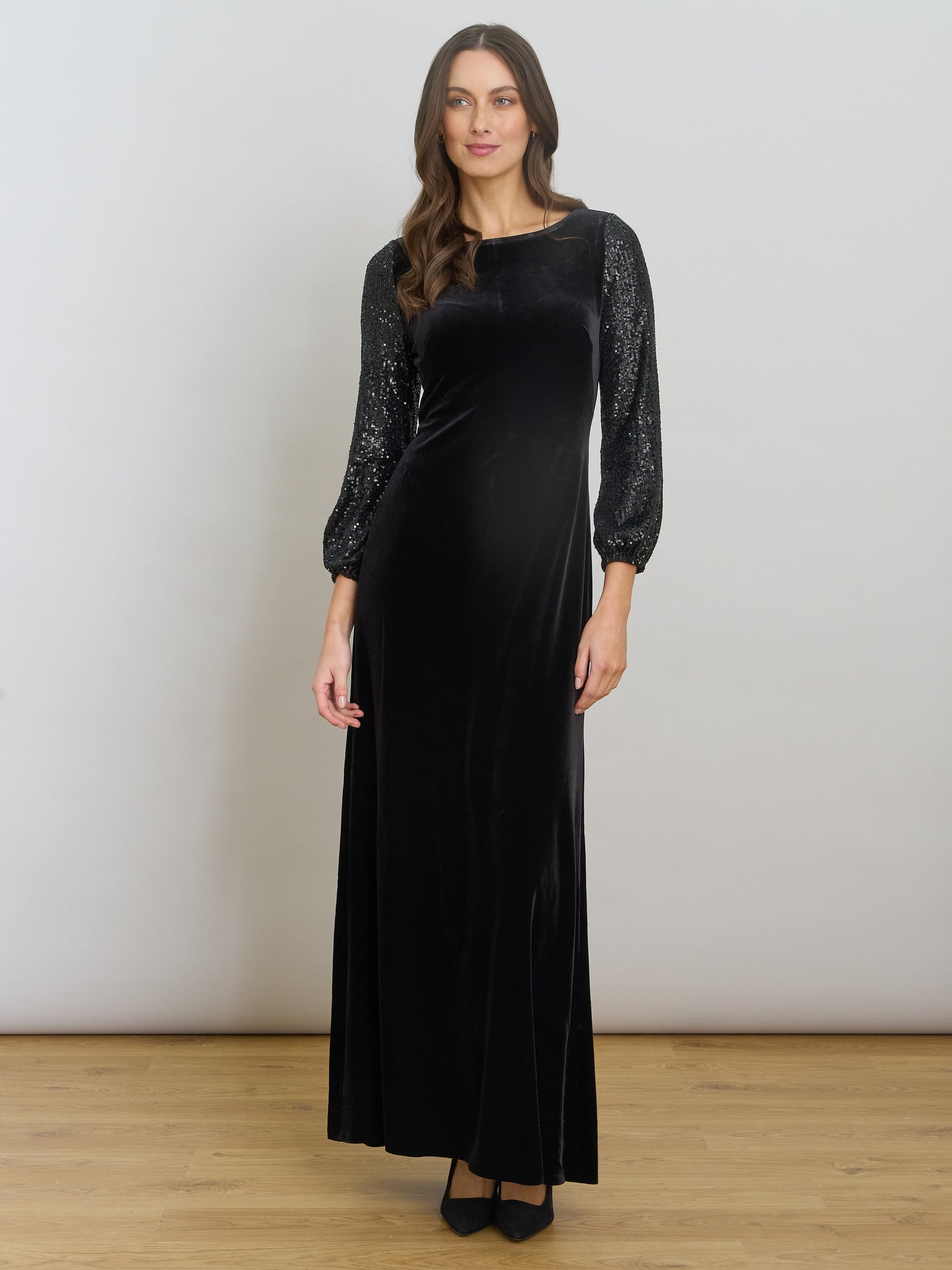  Pauline Velvet Maxi Dress With Sequin Sleeves