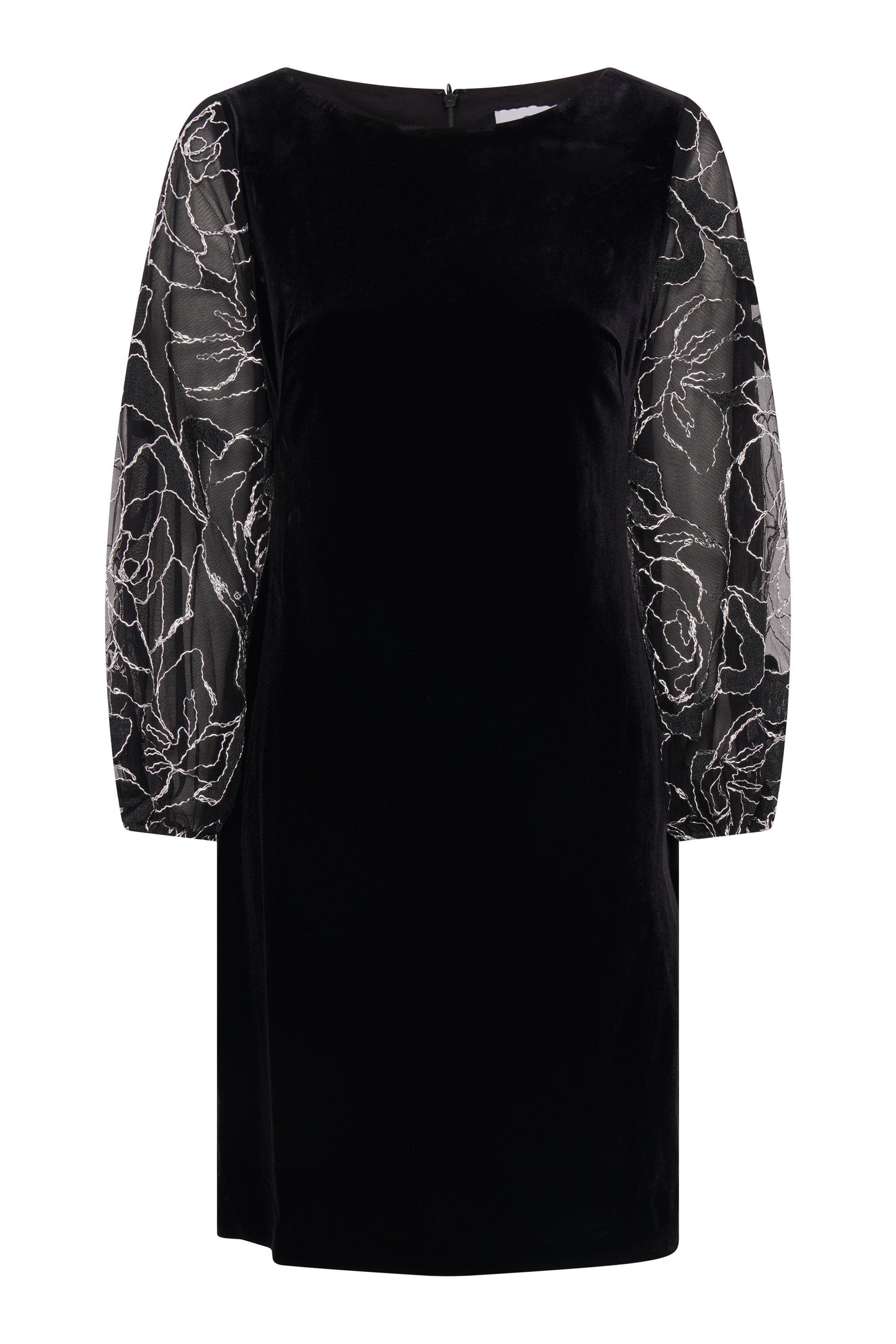  Sky Velvet Dress With Sheer Embroidered Sleeves